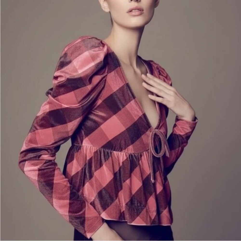 NWT Anthropologie Maeve Pink striped Velvet Puff Sleeve Peplum baby doll top M